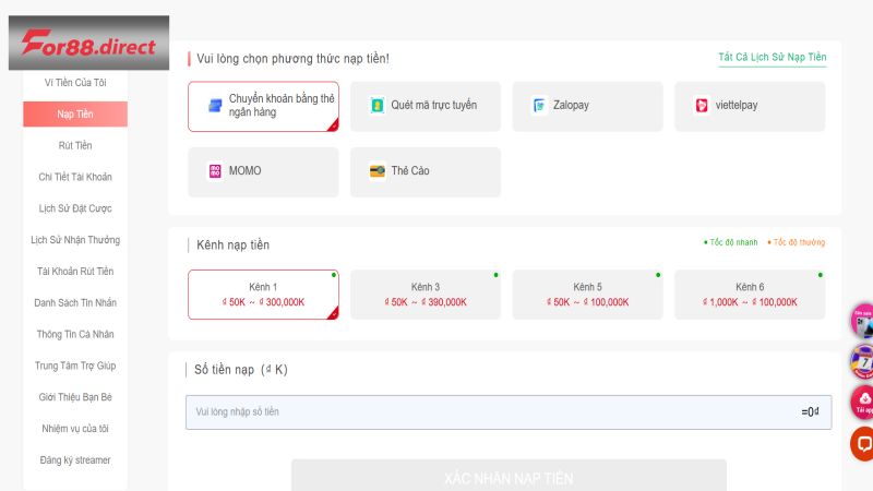 Nạp tiền qua ngân hàng