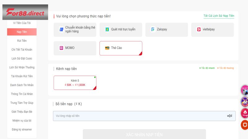 Nạp tiền For88 qua thẻ cào